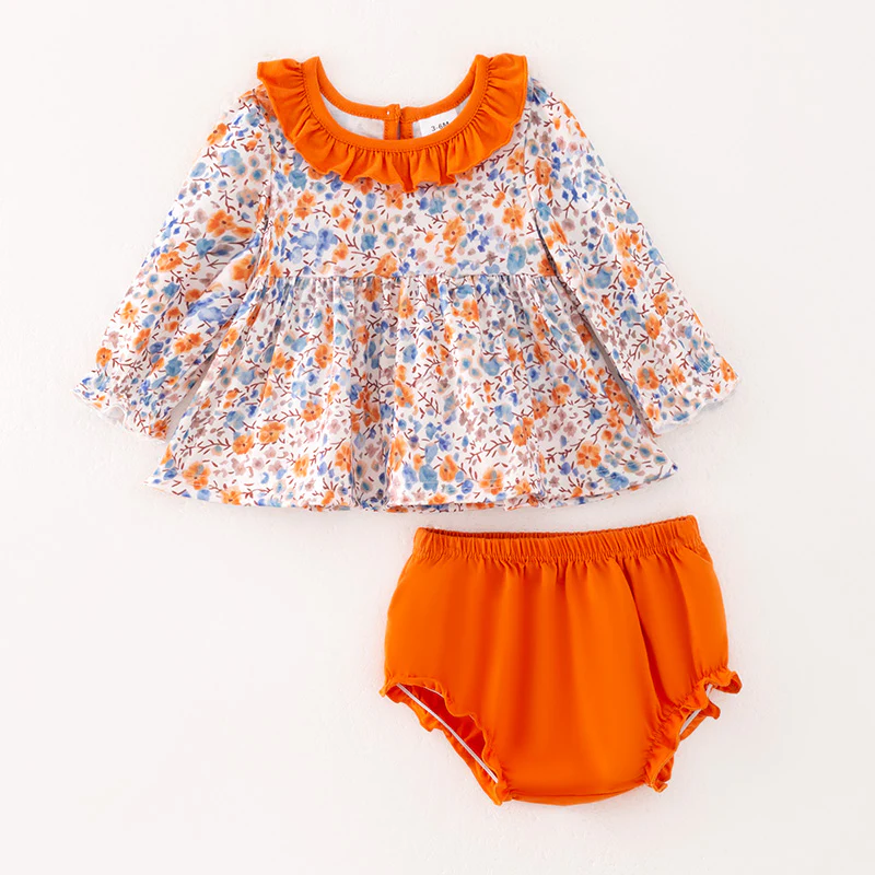 Custom moq 5 each style eta 6-7weeks baby girl orange long sleeve pants and dress and briefs sets