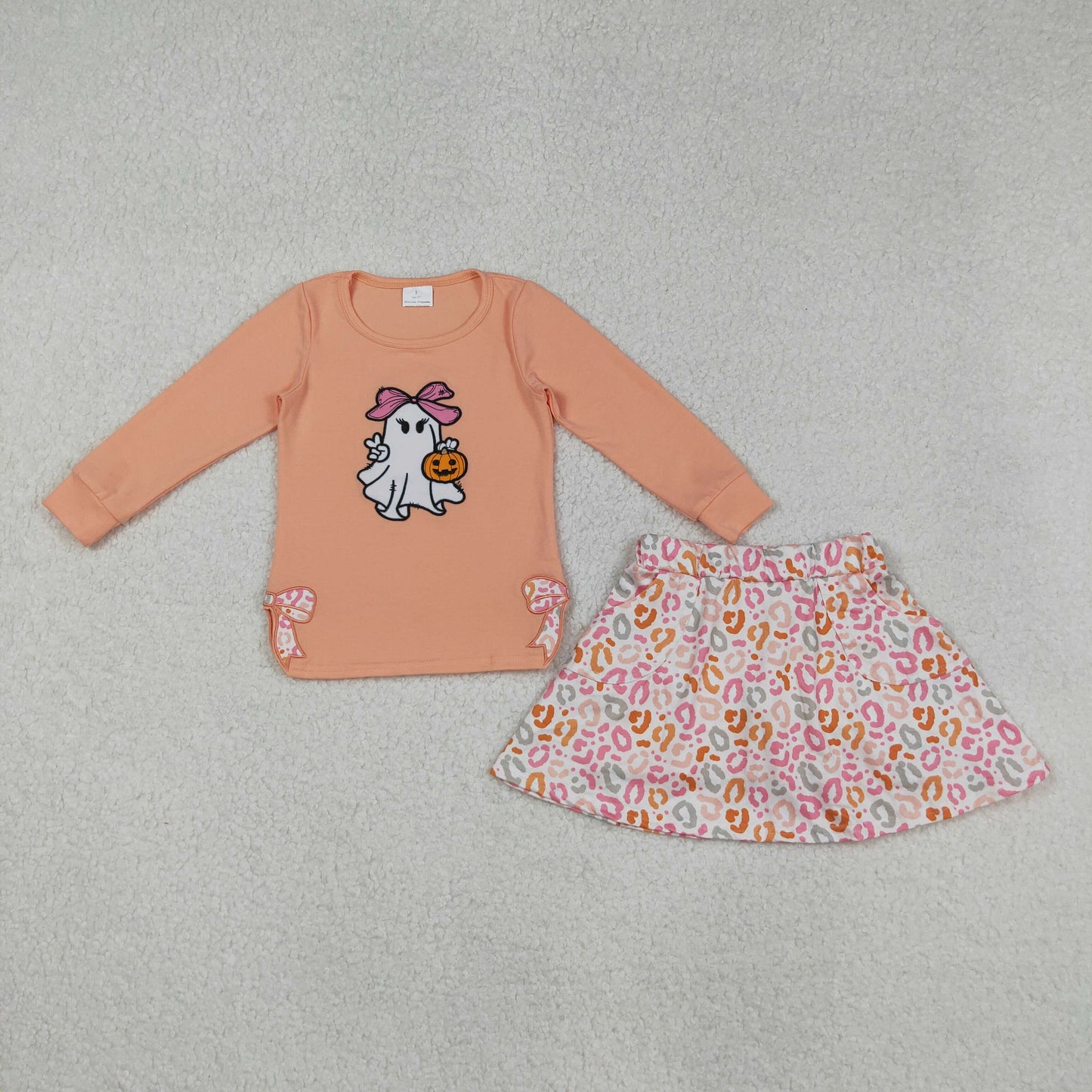 RTS NO MOQ（In Stock) GLD1174 Embroidered Halloween ghost pumpkin light orange long-sleeved leopard print culottes set
