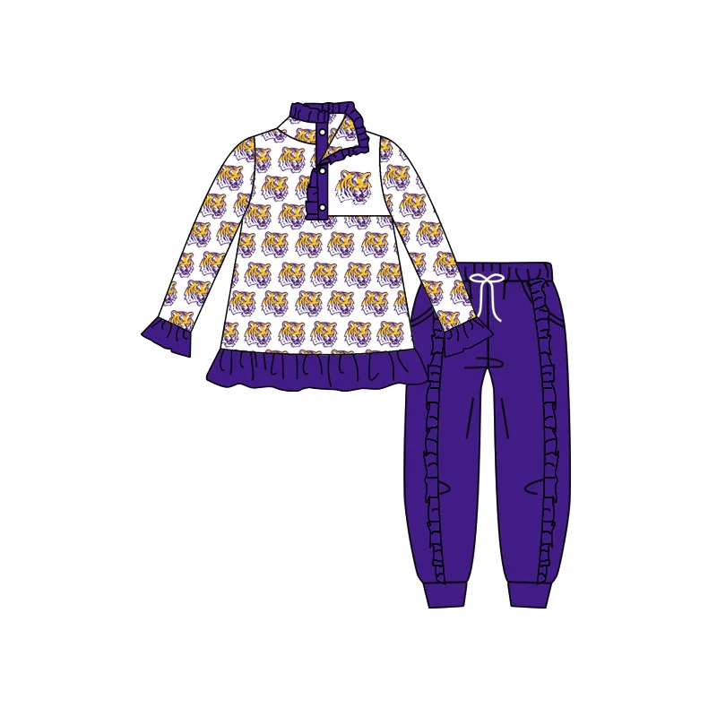 Custom moq 5 mix size milk silk summer teams baby girls clothes purple long sleeve pants sets 2-25.8.1
