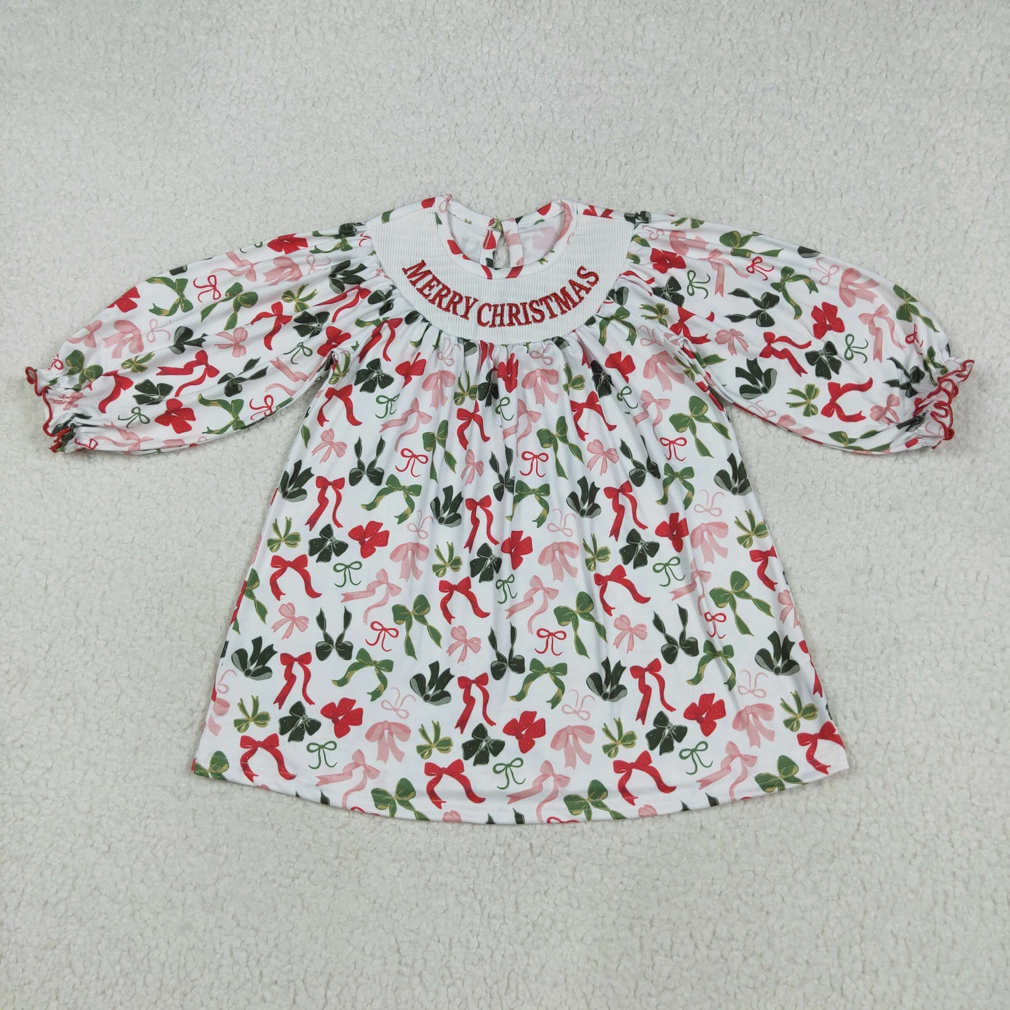 RTS NO MOQ（In Stock）GLD1094 smocked merry christmas embroidered Christmas bow pattern white long sleeve dress