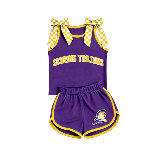 custom moq 5 mix size KABR05 Baby Girls Checked Sleeveless Purple Top Shorts Team Outfit Set
