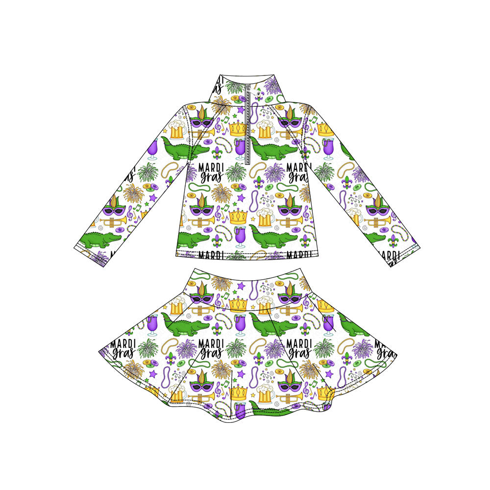 Custom moq 5 mix size milk silk summer baby girls clothes mardi gras long sleeve skirts sets-25.11.7