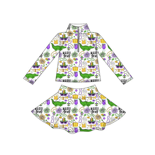 Custom moq 5 mix size milk silk summer baby girls clothes mardi gras long sleeve skirts sets-25.11.7