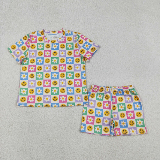 RTS NO MOQ（In Stock) Smiley Face Flower Colorful Checkered Short-Sleeved Shorts Set