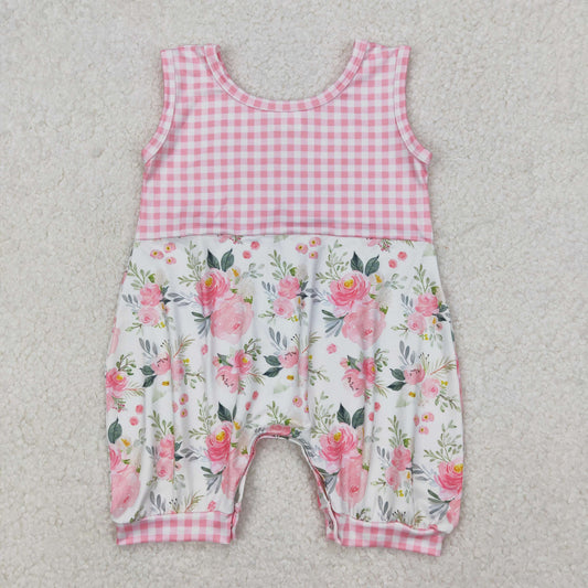 RTS NO MOQ ETA 5/7days arrived SR2678 Flower and leaf pink plaid vest jumpsuit