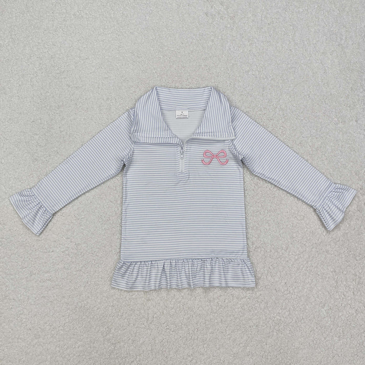RTS NO MOQ Sibling Baby Girls clothes embroidery Zipper Stand Collar Pullover Long Sleeve Tops