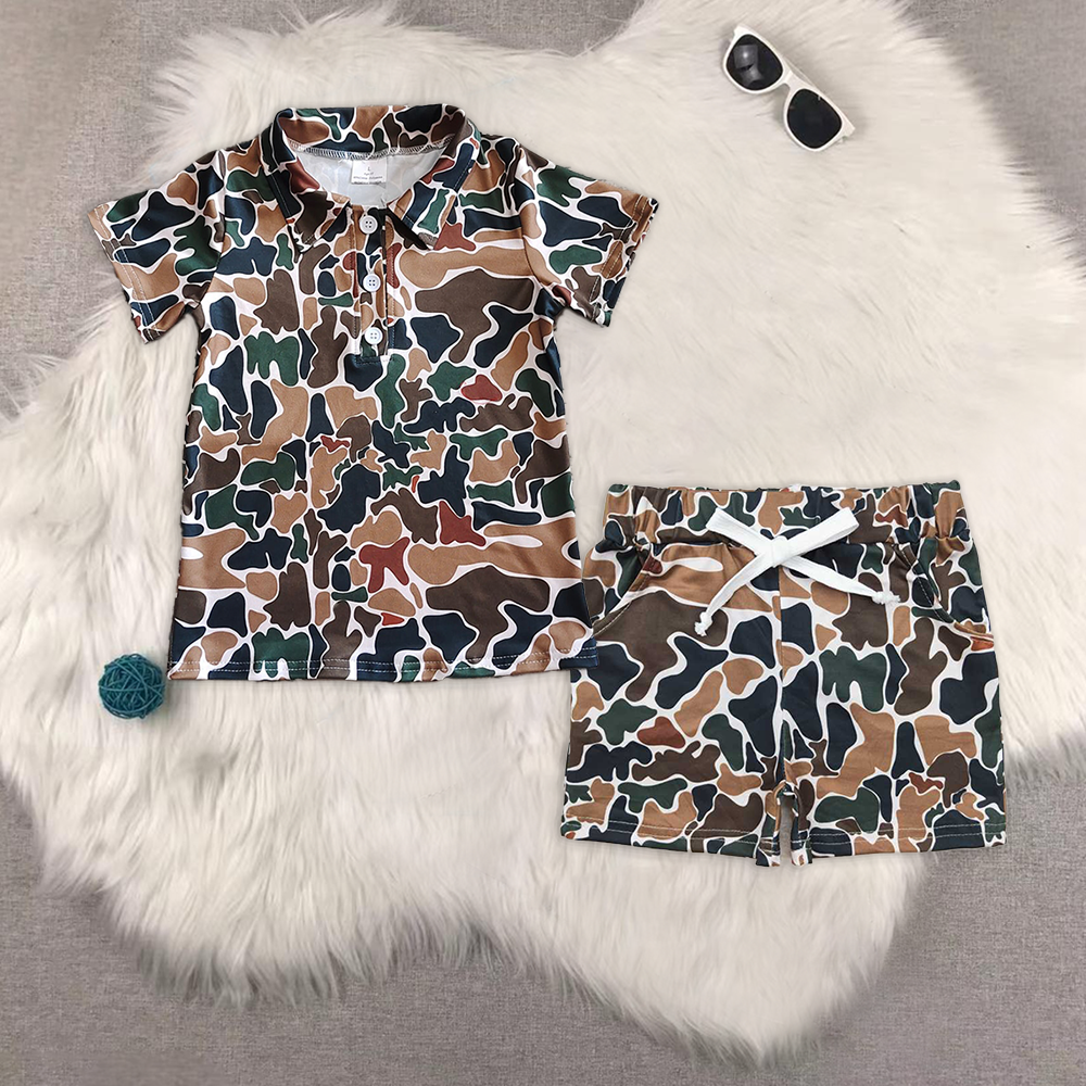 RTS NO MOQ BT1213+SS0359 Camouflage beige short-sleeved top shorts sets