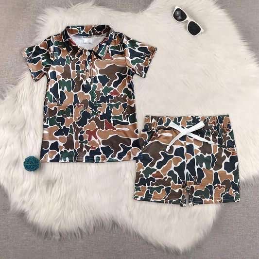 RTS NO MOQ BT1213+SS0359 Camouflage beige short-sleeved top shorts sets
