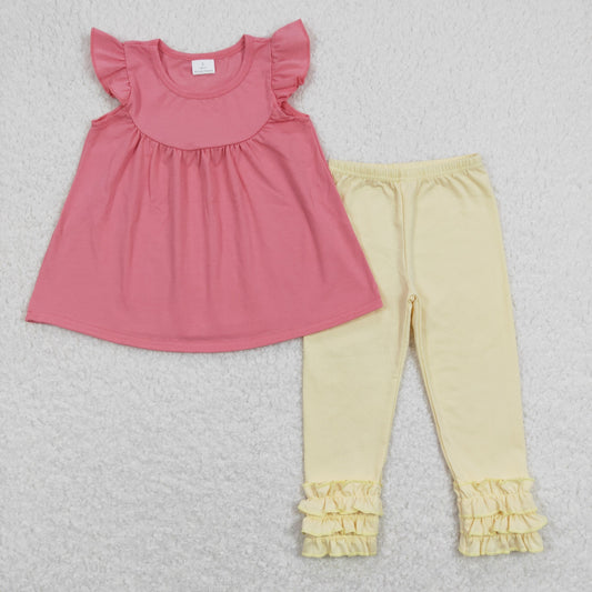GT0462 + P0424 Solid pink flying sleeve top beige lace pants suit
