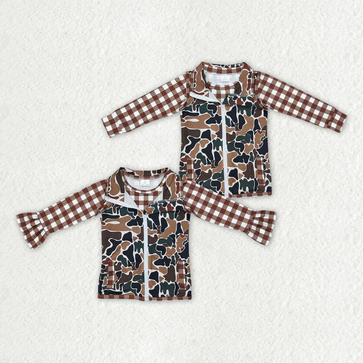 RTS NO MOQ Brown plaid long-sleeved top + camouflage sleeveless zipper vest two-piece set: Boys & Girls