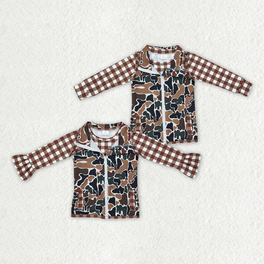 RTS NO MOQ Brown plaid long-sleeved top + camouflage sleeveless zipper vest two-piece set: Boys & Girls