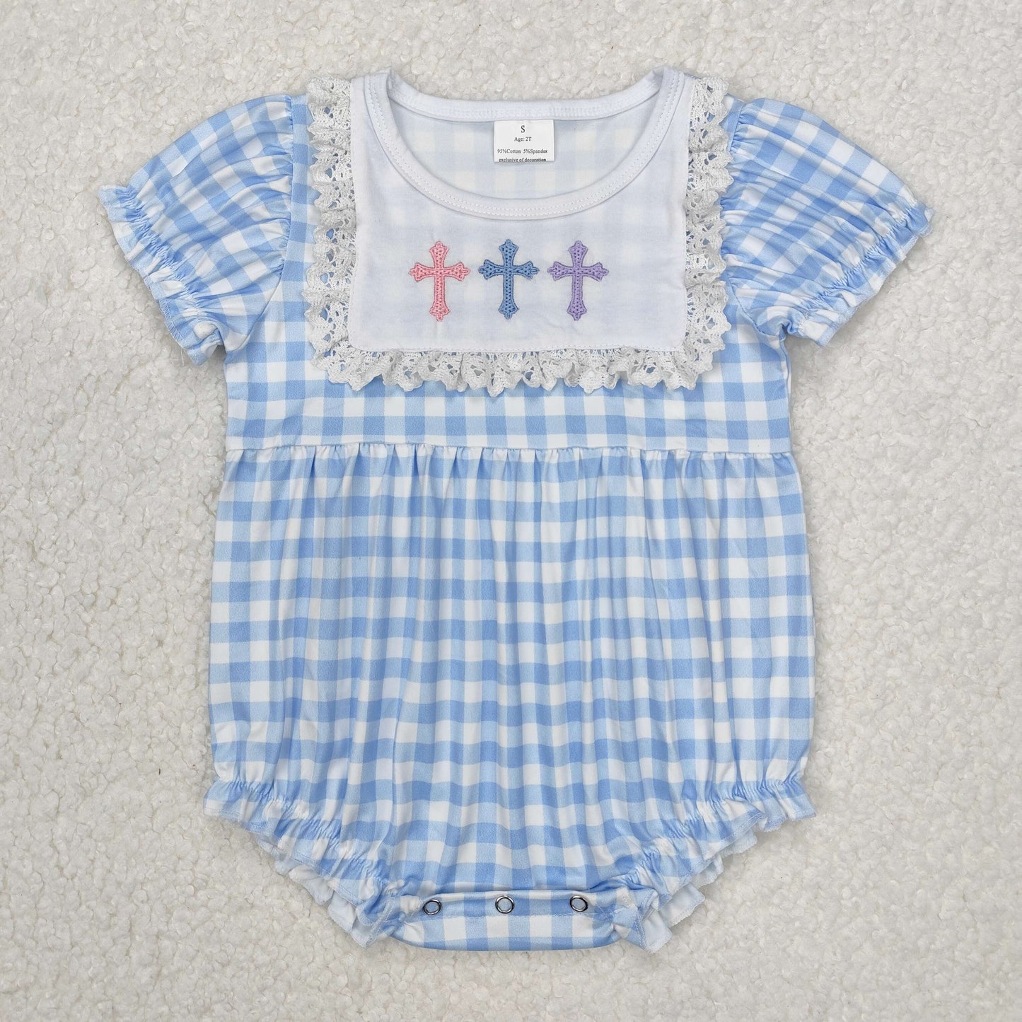 RTS NO MOQ ETA 5/7days arrived SR2133 Embroidered cross lace blue plaid short sleeve jumpsuit