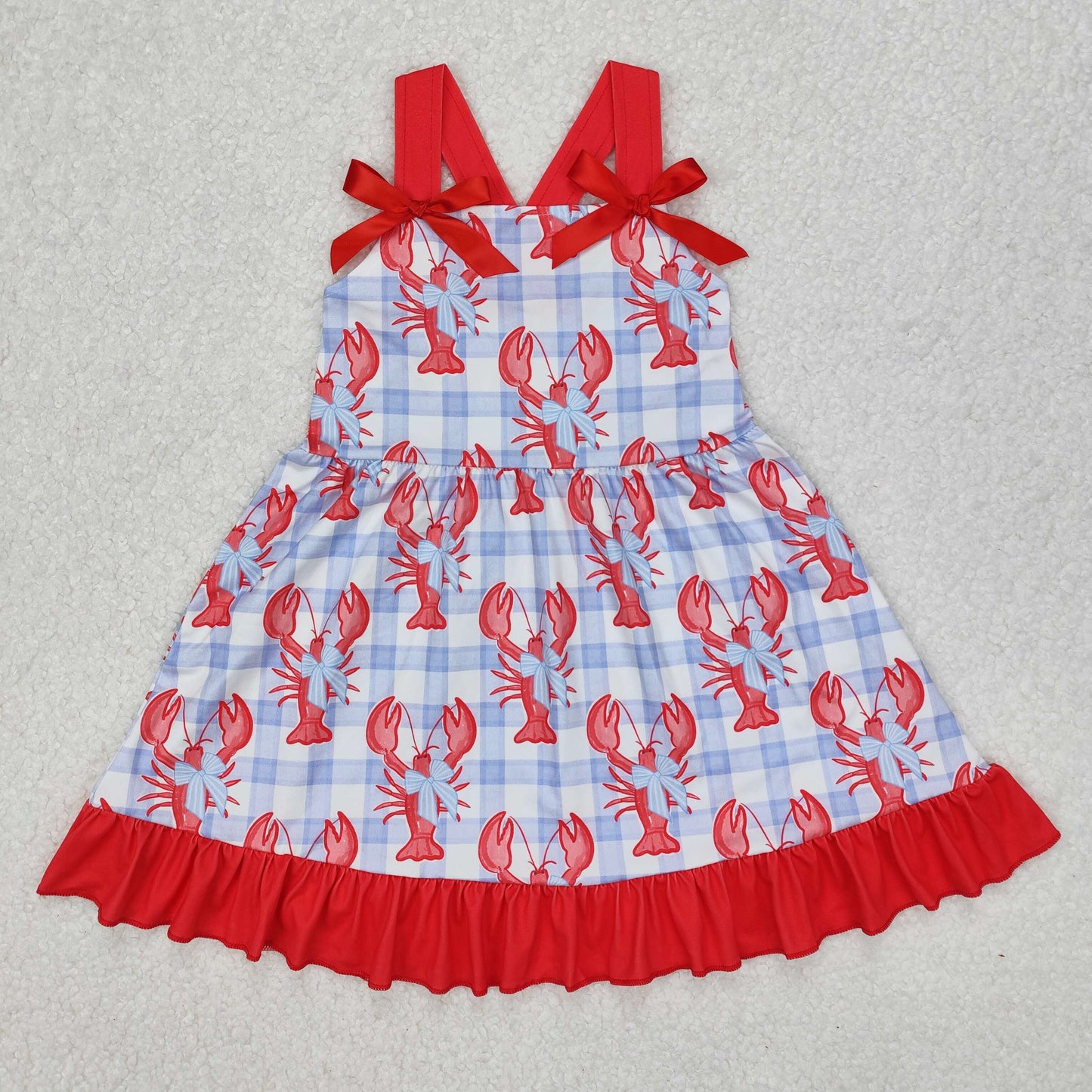 RTS NO MOQ ETA 5/7days Arrived GSD1968 Bow Pattern Crayfish Blue Plaid Red Lace Sleeveless Dress