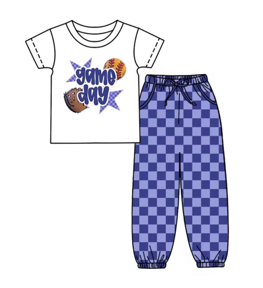 Custom summer teams baby boy clothes team GAME DAY blue and purple plaid short sleeve pants sets-25.8.29