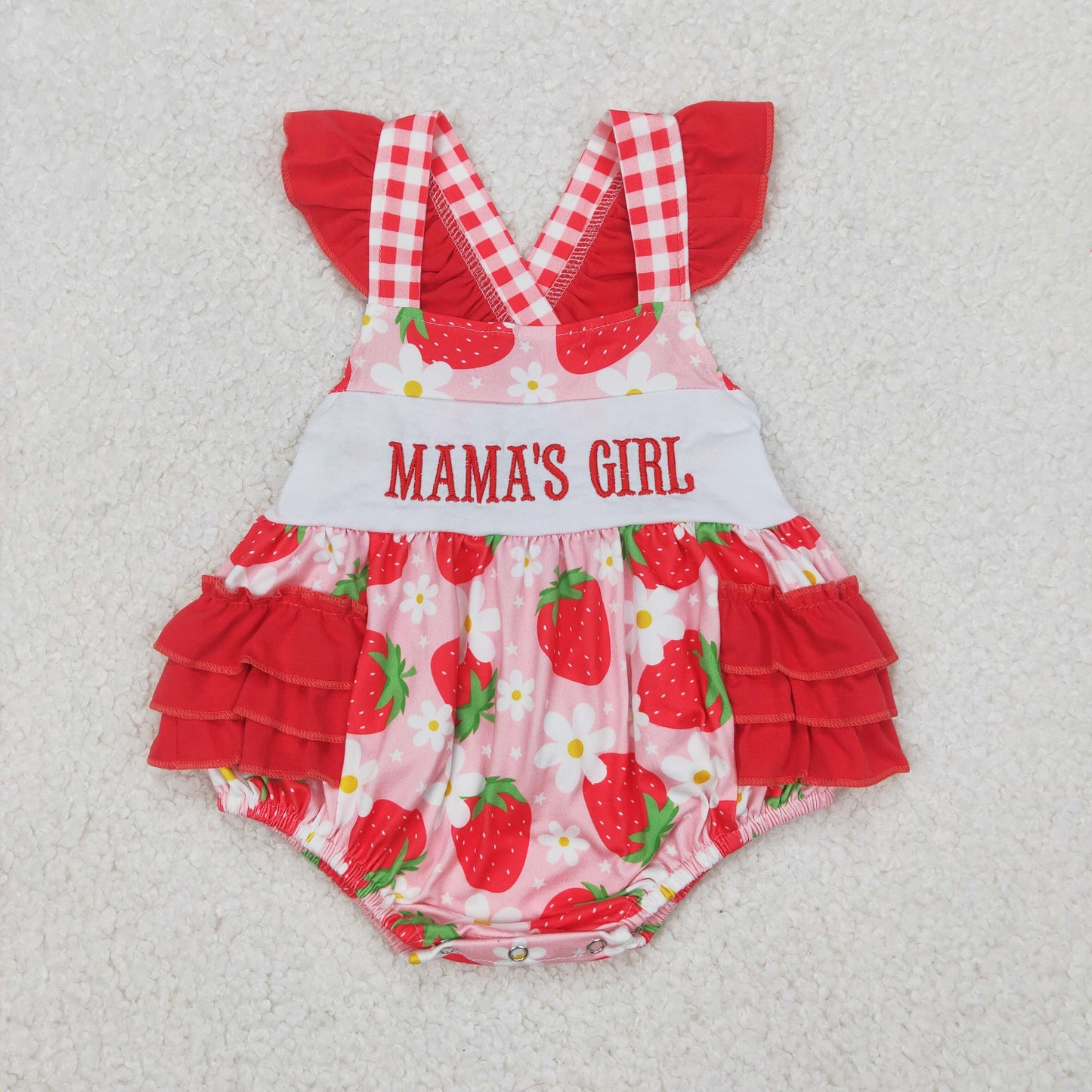 RTS NO MOQ SR1269 mama's girl embroidered letter flower strawberry flying sleeve vest jumpsuit
