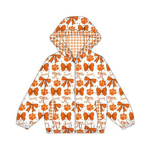 Custom moq 5 mix size milk silk summer teams baby girls clothes lace bow orange hooded long sleeve top-25.9.2