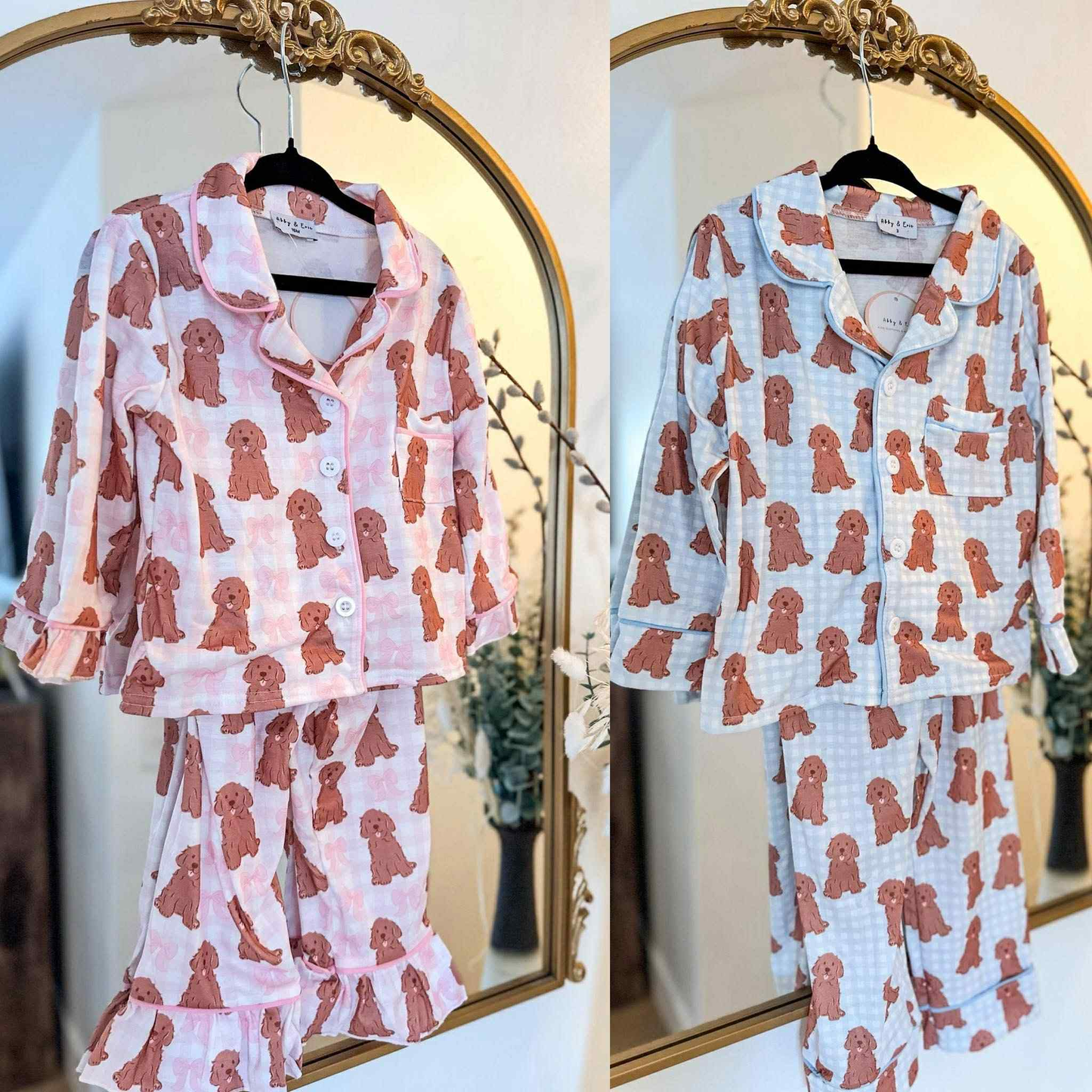 Custom moq 5 each style eta 6-7weeks baby girls fall  red long sleeve sets pants puppy pajamas party