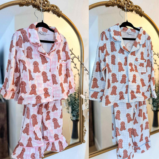 Custom moq 5 each style eta 6-7weeks baby girls fall  red long sleeve sets pants puppy pajamas party