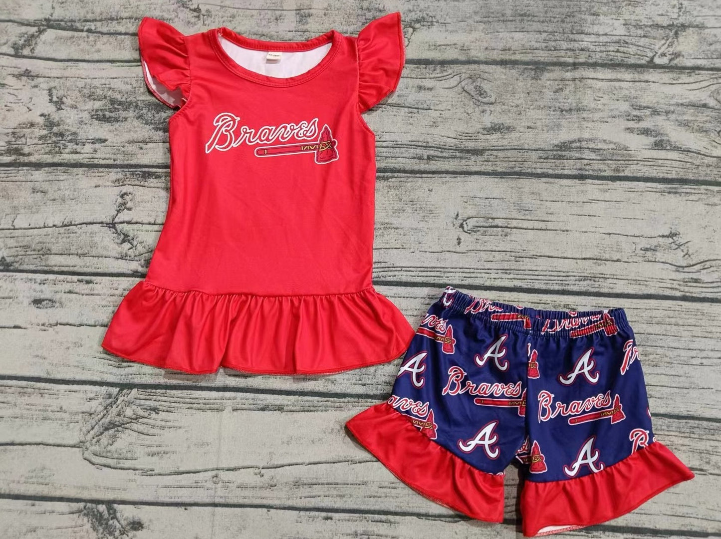 custom moq 5 eta 4-6weeks summer team baby girls clothes red flying sleeve shorts set