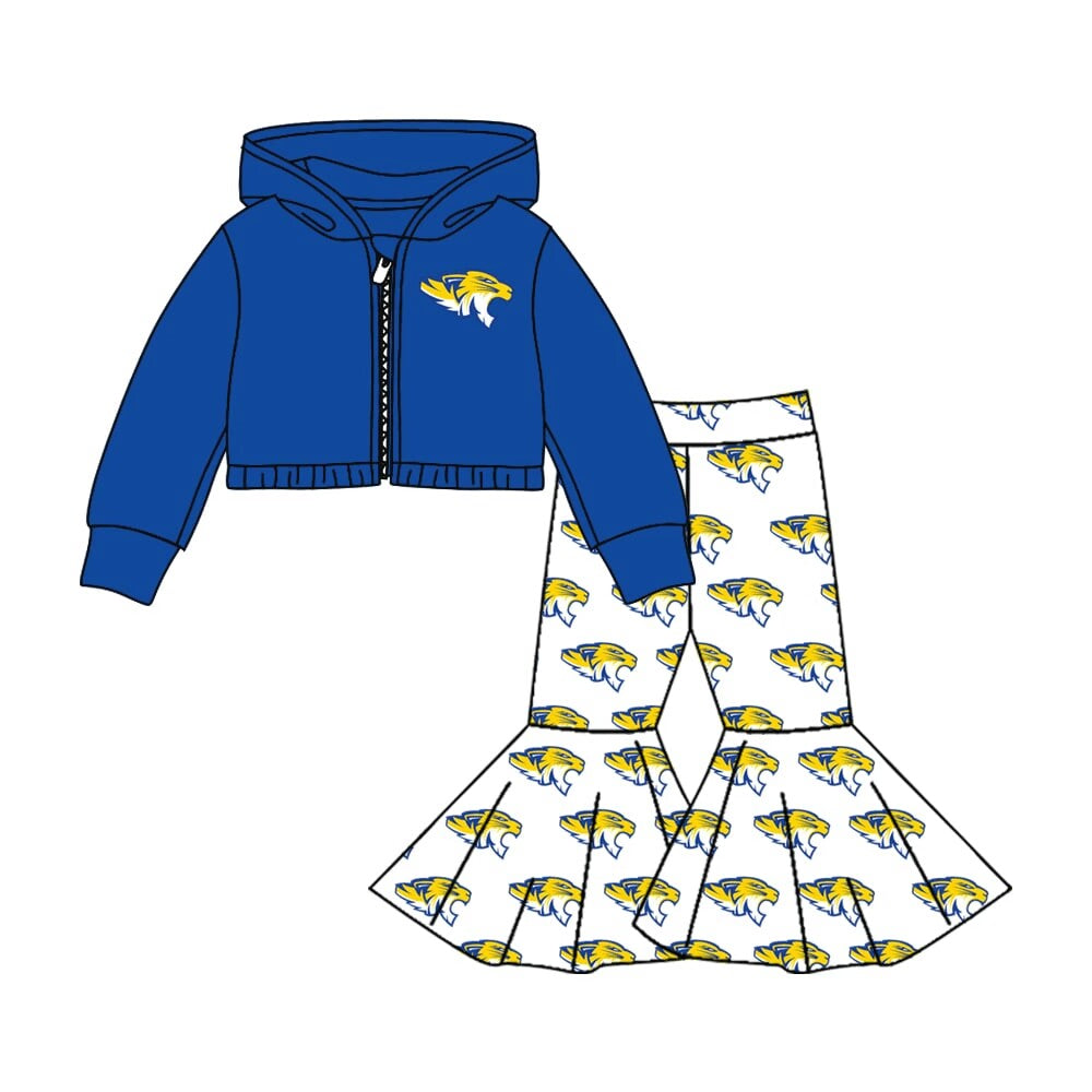 Custom moq 3 tat about 6-8 weeks  team baby girls clothes blue hooded long sleeve and long pants suit