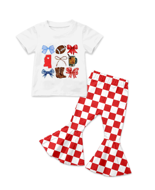 Custom summer teams baby girl clothes bow boot red plaid short sleeve pants sets-25.8.16
