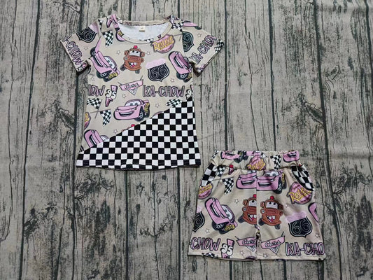 Custom moq 3 eta 6-7weeks baby girls clothes cars short sleeve shorts sets-25.5.29
