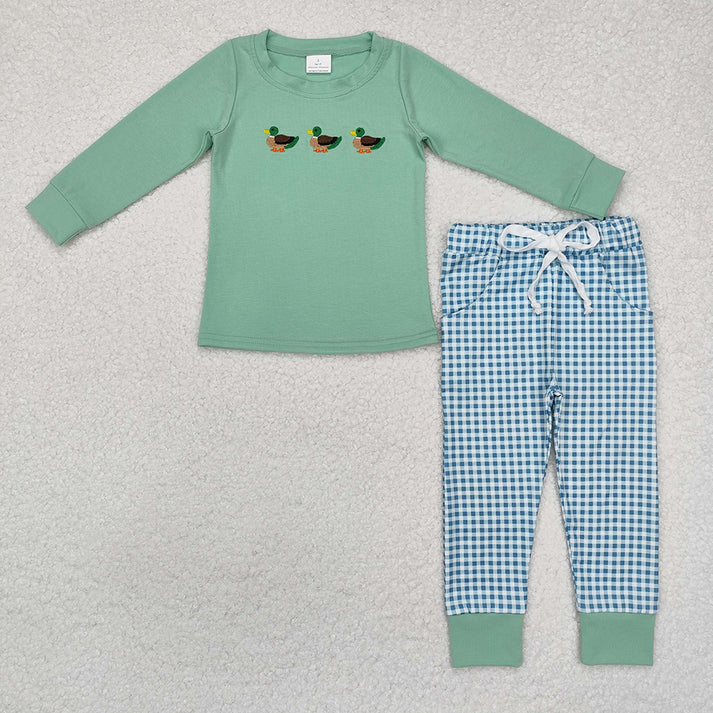 RTS Sibling baby boy clothes embroidery puppy duck long Sleeve pants sets