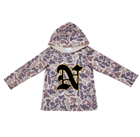 Custom moq 5 mix size milk silk summer team baby girls and boys clothes camouflage hooded long sleeve top-25.10.22