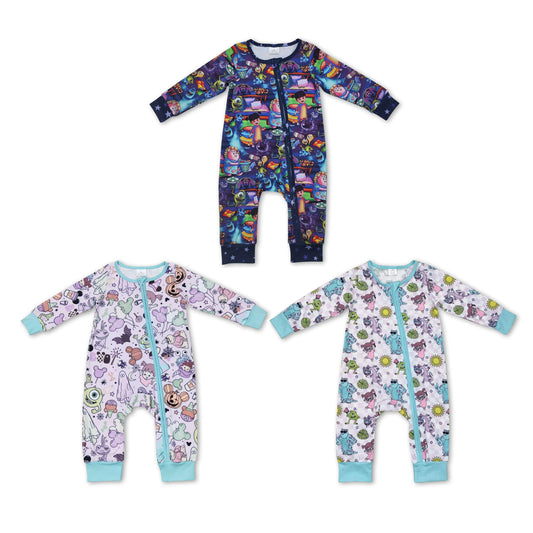 RTS NO MOQ Bamboo Little Girls Pattern Light Purple Long Zipper Romper