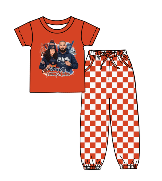 Custom moq 8 mix size milk silk summer teams baby boy clothes orange plaid short sleeve pants sets-25.9.29