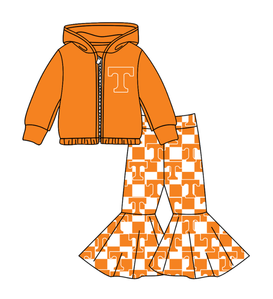 Custom moq 5 mix size milk silk summer teams baby girl clothes orange hooded long sleeve pants sets-25.11.3