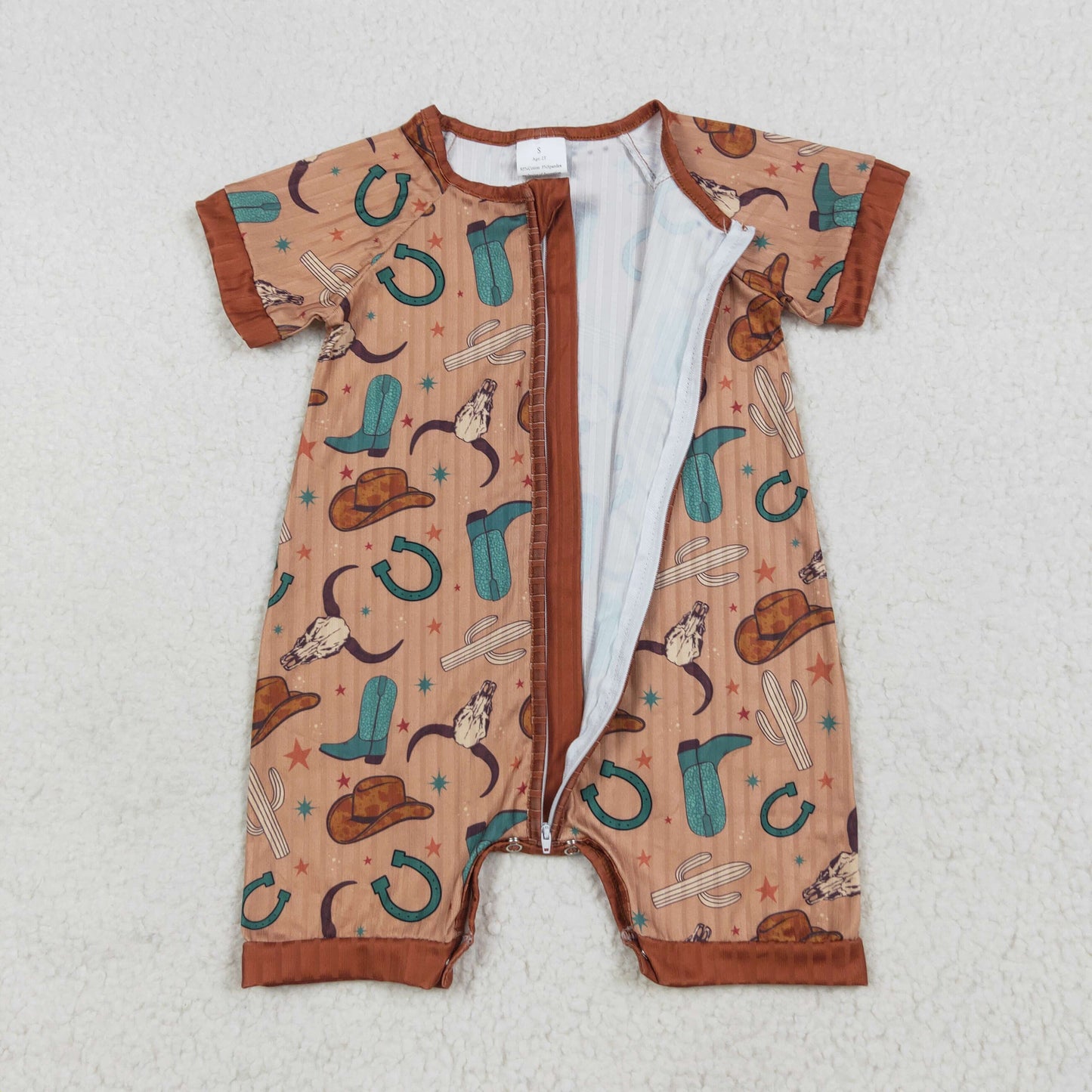 RTS NO MOQ（In Stock) SR3155 Alpine cowboy hat boots brown ribbed zipper short-sleeved jumpsuit