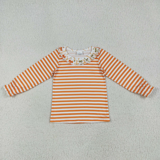 RTS NO MOQ（In Stock) GT1074 Orange striped bow pattern lace long sleeve top