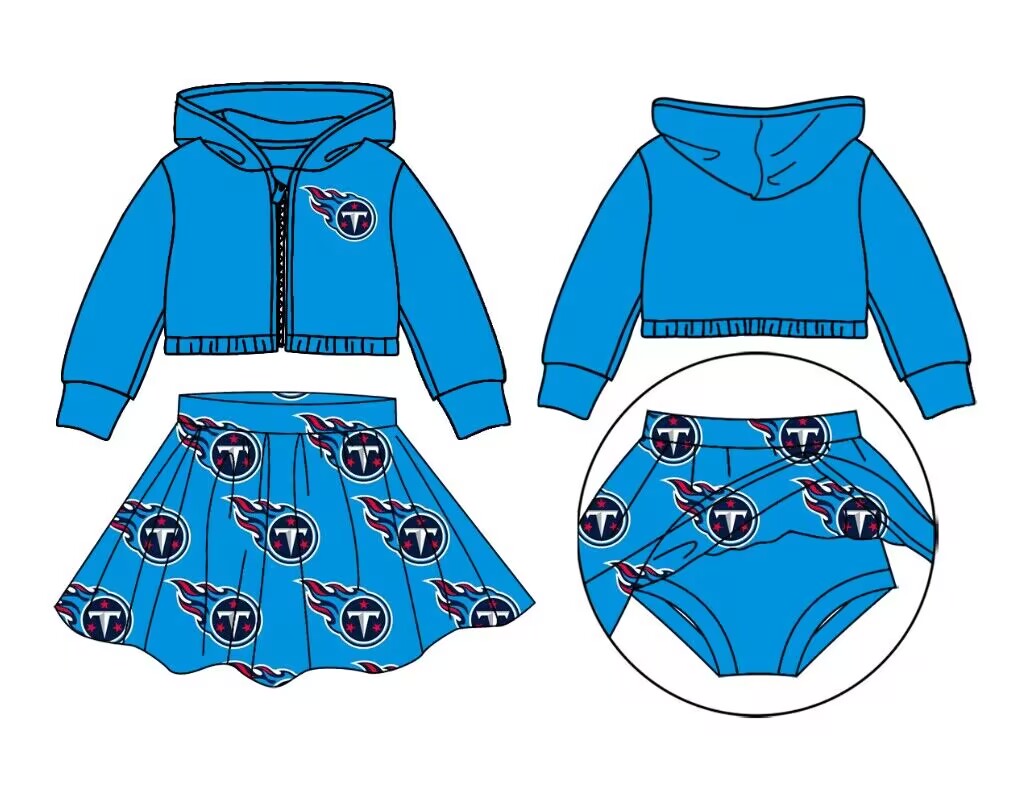 custom moq 3 eta 6-7weeks team summer baby girls clothes blue hooded with skirts sets