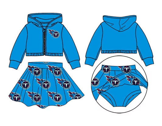 custom moq 3 eta 6-7weeks team summer baby girls clothes blue hooded with skirts sets