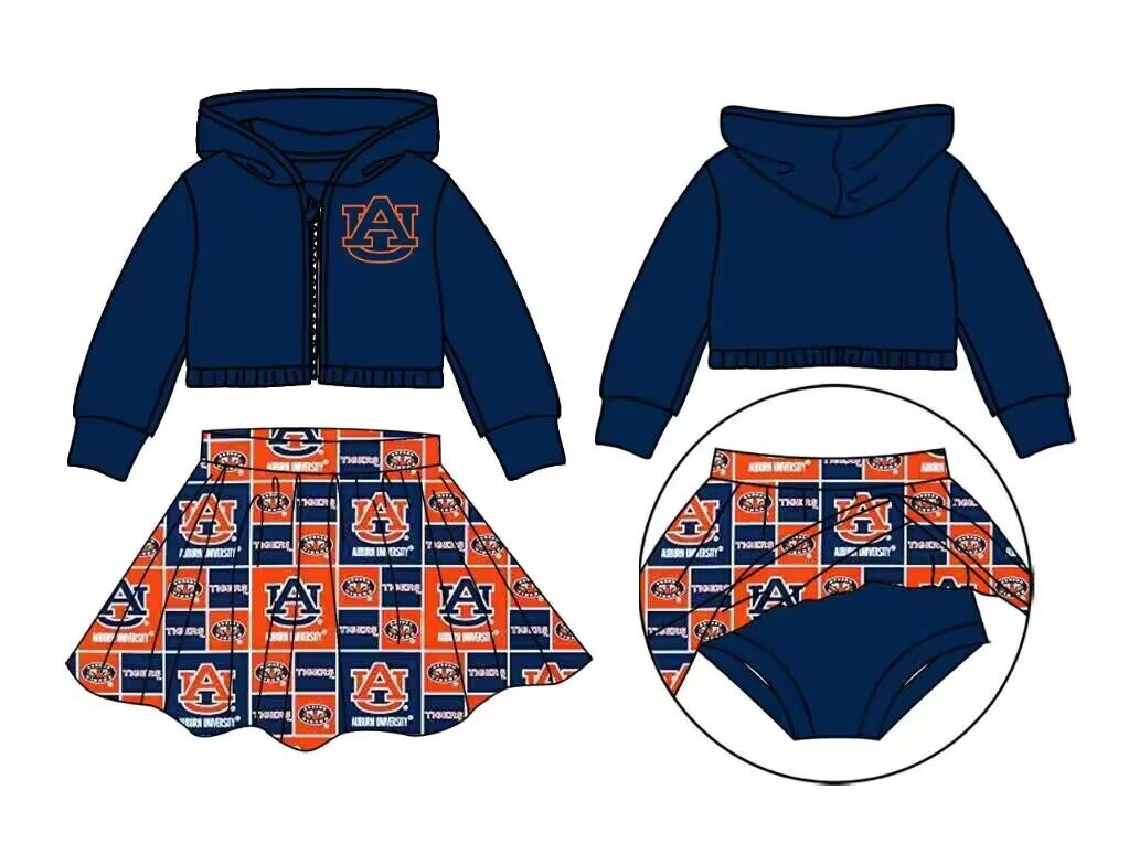 custom moq 3 eta 6-7weeks team summer baby girls clothes navy blue hooded with skirts sets