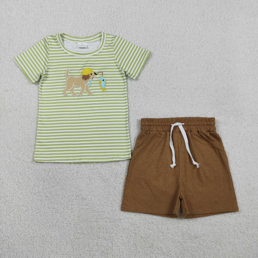RTS NO MOQ（In Stock) BSSO1768 Embroidered Fishing Puppy Green Striped Short-Sleeve Set with Brown Shorts