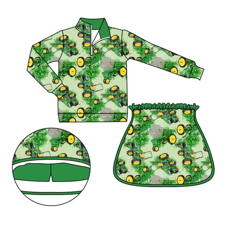 Custom moq 5 mix size milk silk baby girl clothes green long sleeve skirts sets