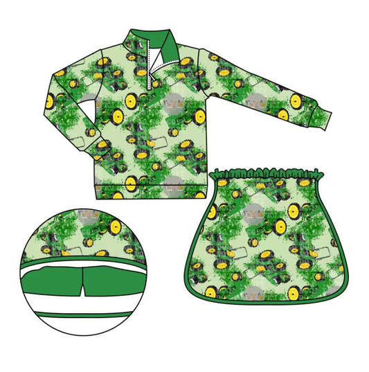 Custom moq 5 mix size milk silk baby girl clothes green long sleeve skirts sets