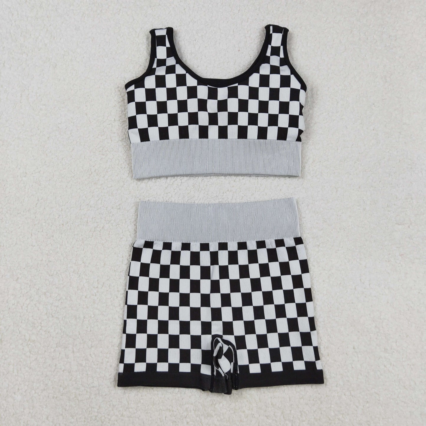 RTS NO MOQ（In Stock) GT1189+SS0644 Adult Women's Black and White Checkered Vest Shorts set