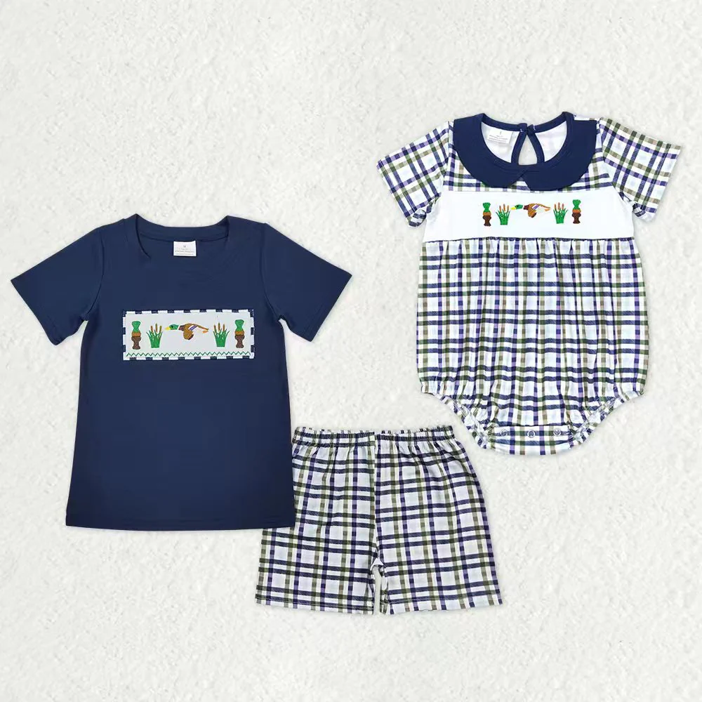 RTS NO MOQ Sibling Baby Boys Shirt Shorts Summer Embroidery duck Rompers Outfits Clothes Sets