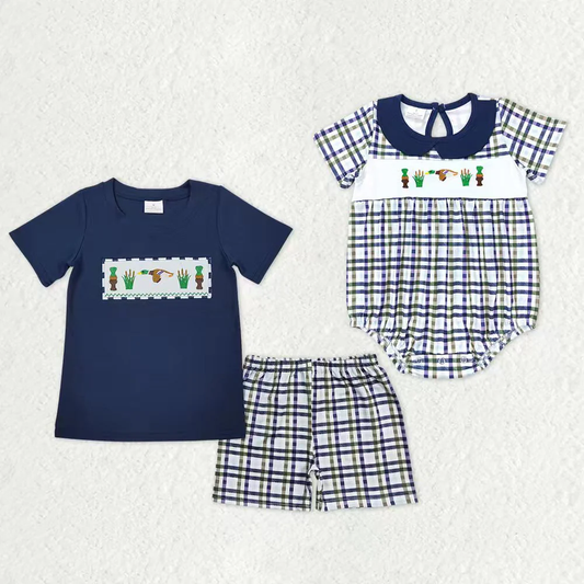 RTS NO MOQ Sibling Baby Boys Shirt Shorts Summer Embroidery duck Rompers Outfits Clothes Sets