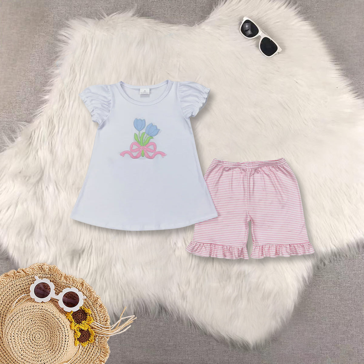 RTS NO MOQ baby girls Clothes embroidery floral short sleeve shorts Sets