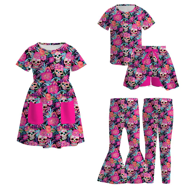 Custom moq 5 each style eta 6-7weeks baby girl short sleeve shorts set and dress and adult pants
