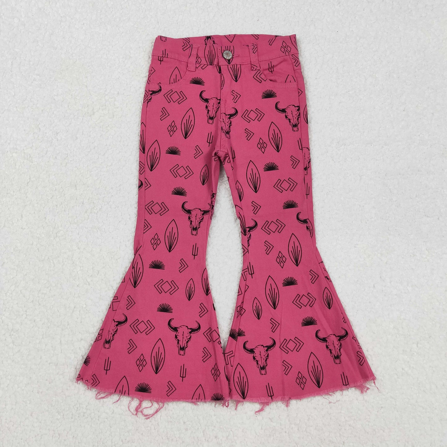 P0159 Alpine bull head leaf aztec rose red denim trousers