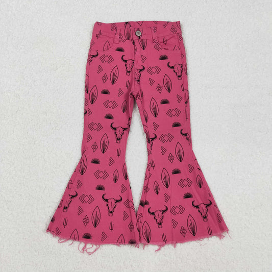 P0159 Alpine bull head leaf aztec rose red denim trousers