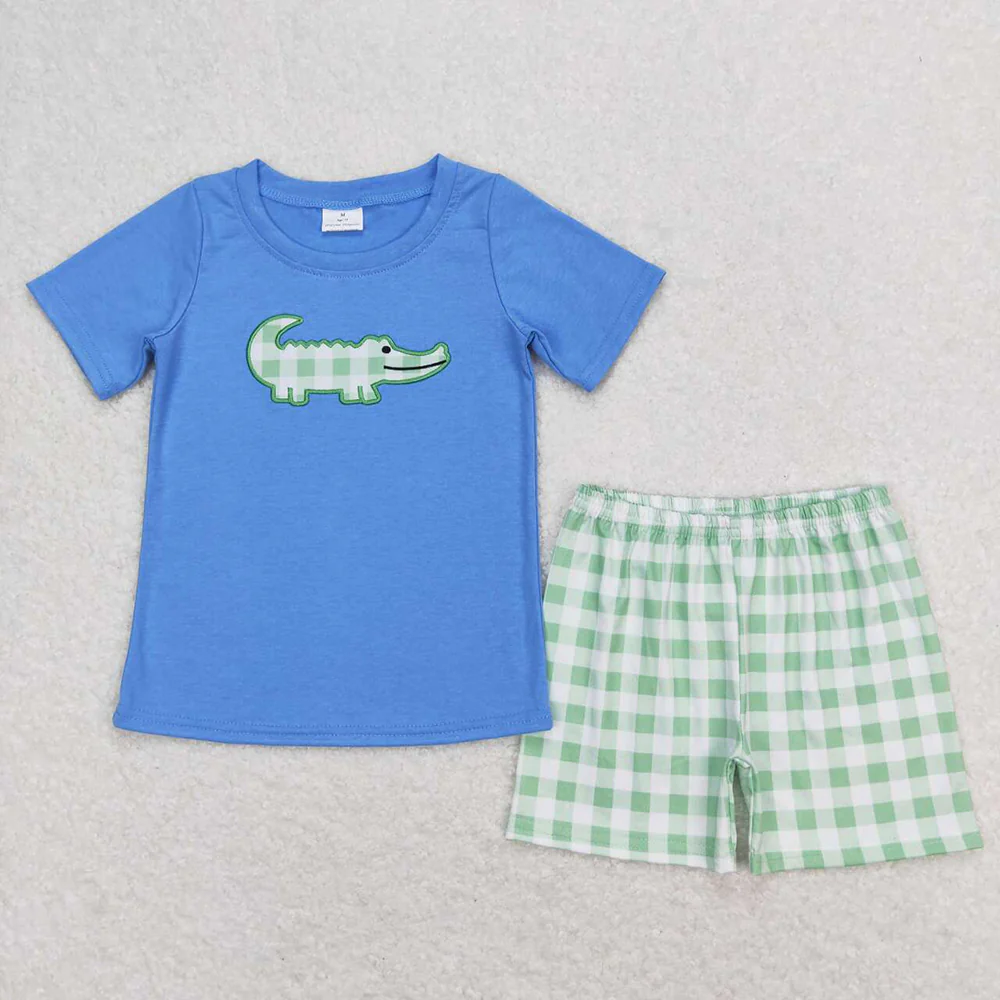 Baby Girls Crocodile Shirt Green Checkered Sibling Shorts Clothes Sets