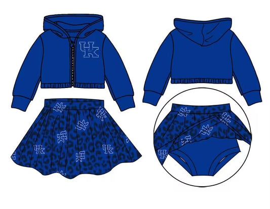 custom moq 3 eta 6-7weeks team summer baby girls clothes UK blue hooded with skirts sets