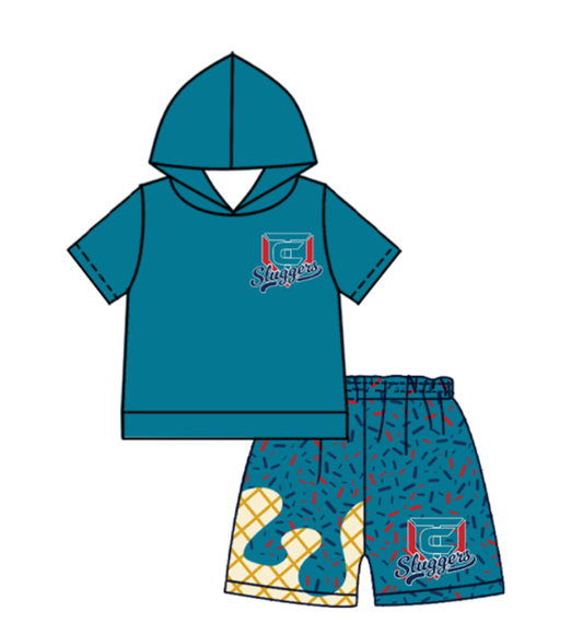 Custom moq 5 mix size milk silk summer teams baby boys clothes blue and green hooded short sleeve shorts sets-25.10.27