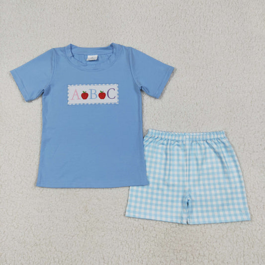RTS NO MOQ BSSO1331 Embroidered Back to School ABC Apple Short Sleeve Blue Plaid Shorts Set